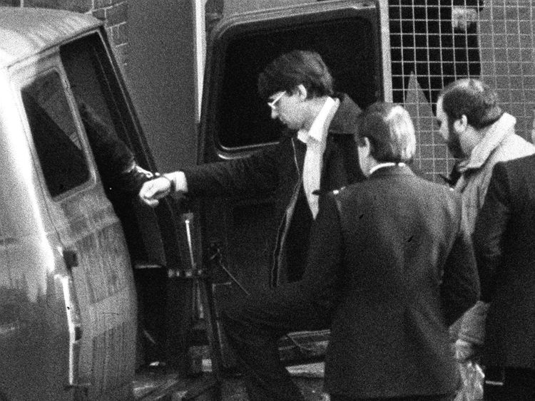 Dennis Nilsen (L) leaving Highgate Magistrates Court after he was charged with the murder of Stephen Sinclair.