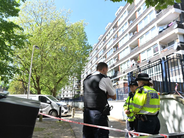 Police at the scene in Southwark where Rhyhiem was found with a fatal gunshot wound