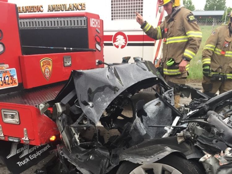 The Tesla Model S crashed into a fire department mechanics truck. Pic: South Jordan Police Department