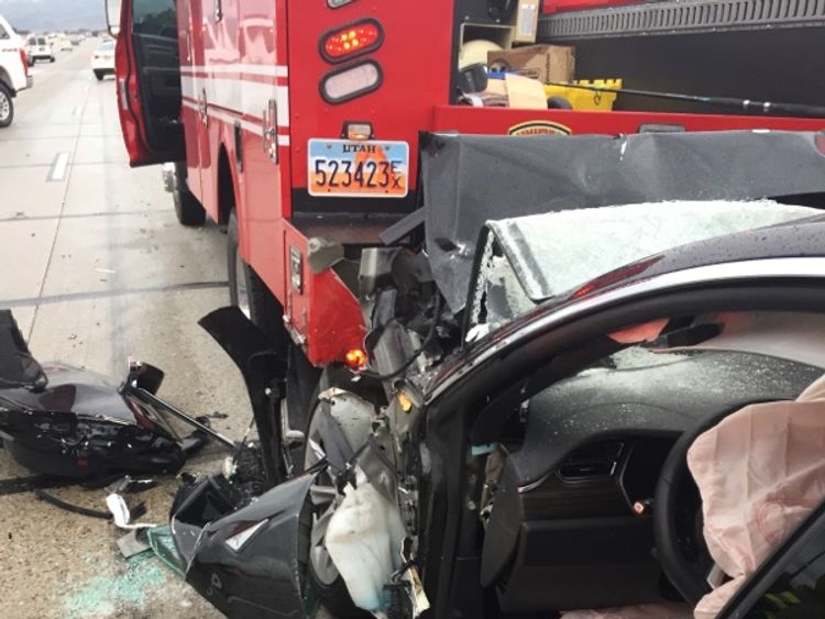 The fire truck was stopped at a red light when the Tesla drove into it at 60mph. Pic: South Jordan Police Department