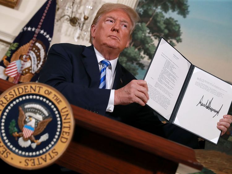 U.S. President Donald Trump announces his decision to withdraw the United States from the 2015 Iran nuclear deal in the Diplomatic Room at the White House May 8, 2018 in Washington, DC. After two and a half years of negotiations, Iran agreed in 2015 to end its nuclear program in exchange for Western countries, including the United States, lifting decades of economic sanctions. Since then international inspectors have not found any violations of the terms by Iran.