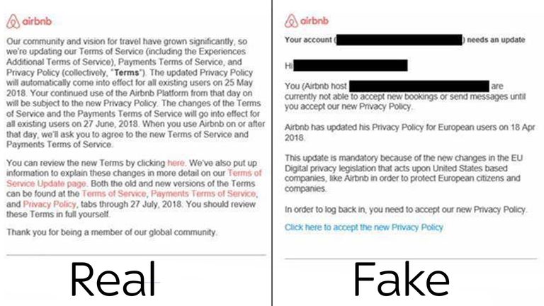 Real and fake emails that used might think are coming from Airbnb. Pic: Redscan
