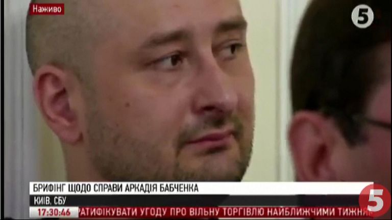 Arkady Babchenko appearing at a news conference after his death had been reported