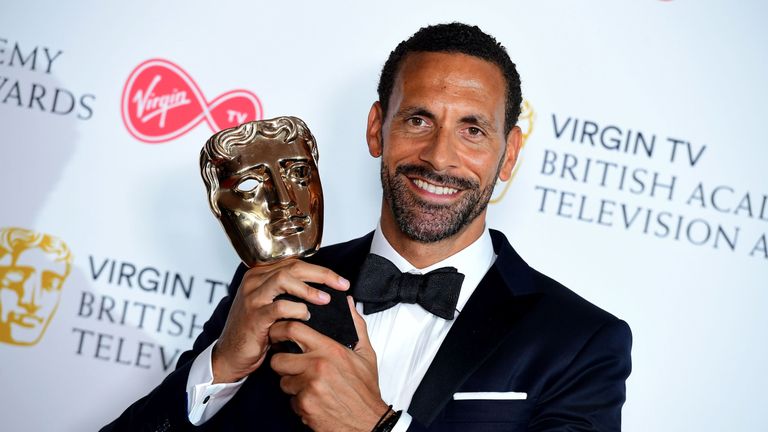 Rio Ferdinand with the single Documentary award in the press room at the Virgin TV British Academy Television Awards 2018 held at the Royal Festival Hall, Southbank Centre, London. PRESS ASSOCIATION Photo. Picture date: Sunday May 13, 2018. See PA story SHOWBIZ Bafta. Photo credit should read: Ian West/PA Wire