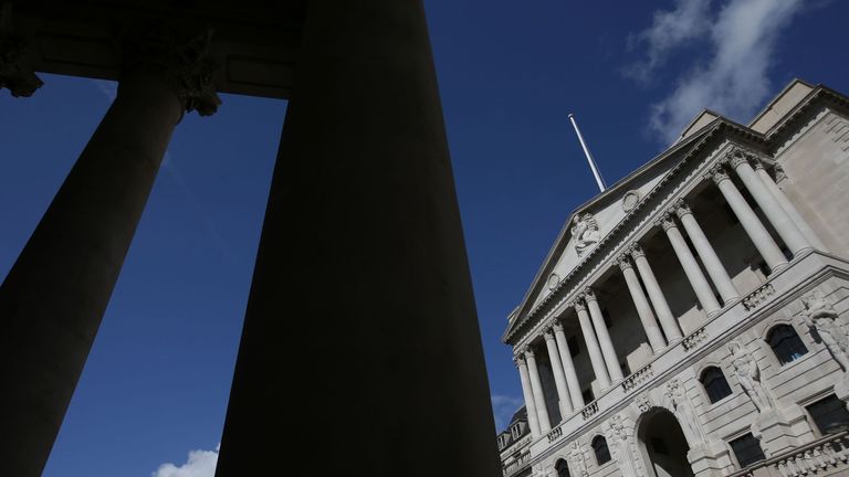 The Bank of England is pictured from the steps of the Royal Exchange in the City of London on July 31, 2017