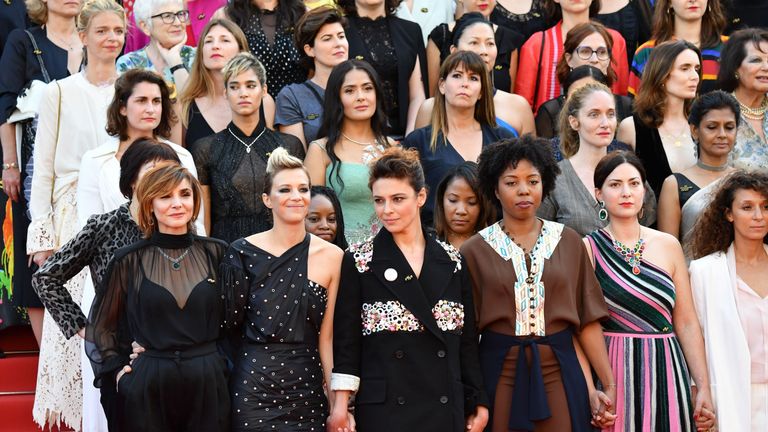 
Directors, actresses and industry representatives pose on the red carpet in protest of the lack of female filmmakers honored throughout the history of the festival at the screening of &#39;Girls Of The Sun (Les Filles Du Soleil)&#39; during the 71st annual Cannes Film Festival at the Palais des Festivals on May 12, 2018 in Cannes, southeastern France. - Only 82 films in competition in the official selection have been directed by women since the inception of the Cannes Film Festival whereas 1,645 films 