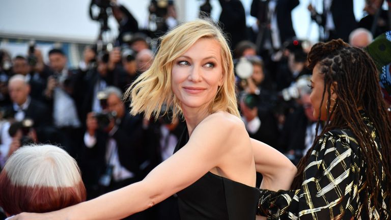 Australian actress Cate Blanchett (C) walks the red carpet in protest of the lack of female filmmakers honored throughout the history of the festival at the screening of &#39;Girls Of The Sun (Les Filles Du Soleil)&#39; during the 71st annual Cannes Film Festival at the Palais des Festivals on May 12, 2018 in Cannes, southeastern France. - Only 82 films in competition in the official selection have been directed by women since the inception of the Cannes Film Festival whereas 1,645 films in the past 71 