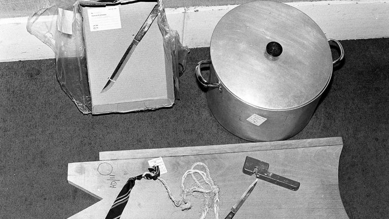 Copper pot which Dennis Nilsen used to boil victims&#39; heads, and also a tie, rope and knives