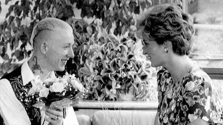 The Princess of Wales shaking hands with William Drake, a patient at London Lighthouse Aids Centre in 1992