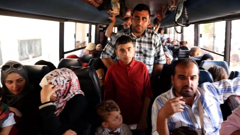 Palestinians on a bus to Egypt, after the border was opened as a rare gesture from Egypt