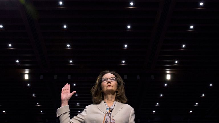 CIA director nominee and acting CIA Director Gina Haspel is sworn in to testify at her Senate Intelligence Committee confirmation hearing on Capitol Hill in Washington, U.S., May 9, 2018.