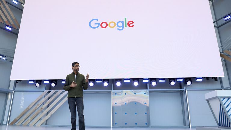 Google CEO Sundar Pichai delivers the keynote address at the Google I/O 2018 Conference at Shoreline Amphitheater  on May 8, 2018 in Mountain View, California.
