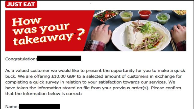 A phishing email that Grant West sent to Just Eat customers