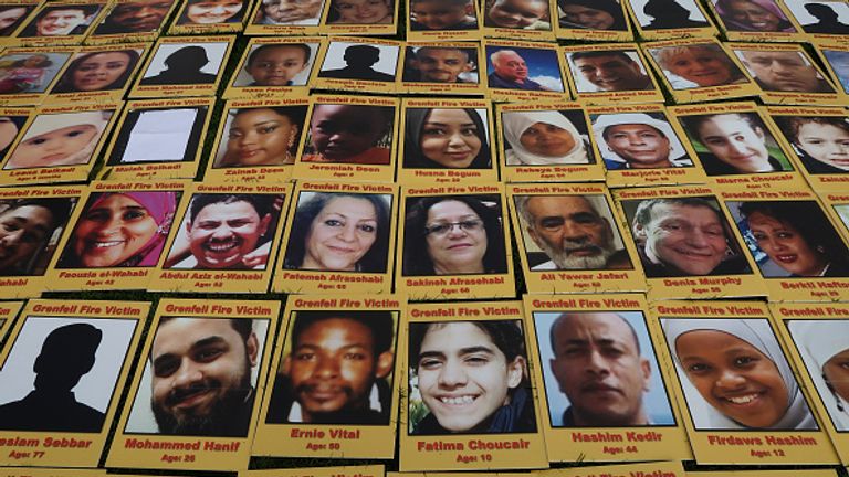 Photos of the Grenfell victims were laid out in Parliament Square ahead of the start of the inquiry