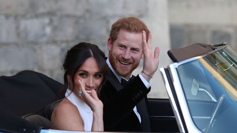 The newly married Duke and Duchess of Sussex, Meghan Markle and Prince Harry, leaving Windsor Castle after their wedding to attend an evening reception at Frogmore House, hosted by the Prince of Wales. PRESS ASSOCIATION Photo. Picture date: Saturday May 19, 2018. See PA story ROYAL Wedding. Photo credit should read: Steve Parsons/PA Wire