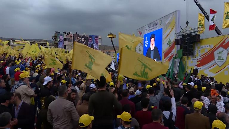 Hundreds of Hezbollah supporters gathered to watch the address