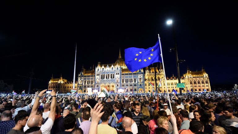 People protest against the policies of Hungarian Prime Minister Viktor Orban's government