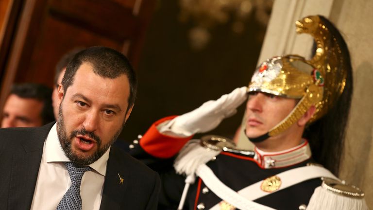 League party leader Matteo Salvini leaves after a meeting with Italian President Sergio Mattarella during the second day of consultations at the Quirinal Palace in Rome, Italy, April 5, 2018. 