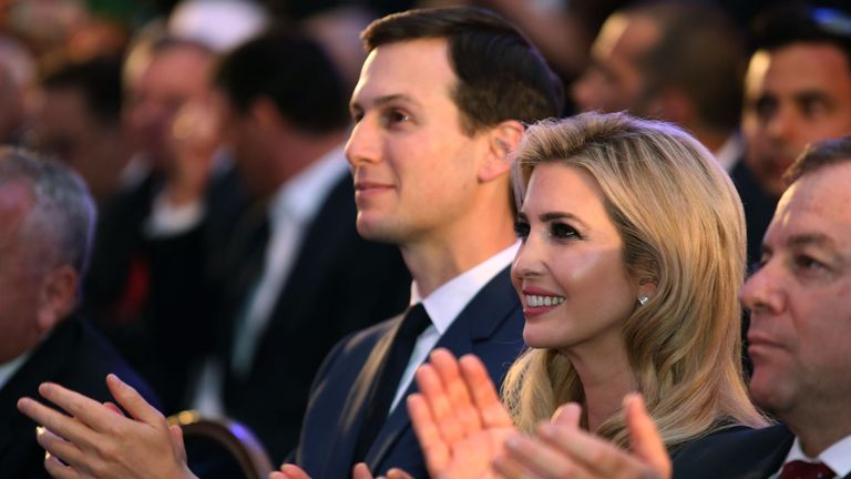 US President&#39;s daughter Ivanka Trump (C) and her husband senior White House adviser Jared Kushner (L) attend the official reception on the occasion of the opening of the US Embassy at ?the Ministry of Foreign Affairs in Jerusalem, on May 13, 2018
