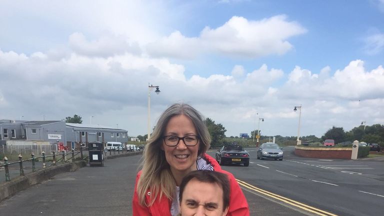 The 41-year-old, who now has to use a wheelchair, with his wife Gabby and dog Alfie