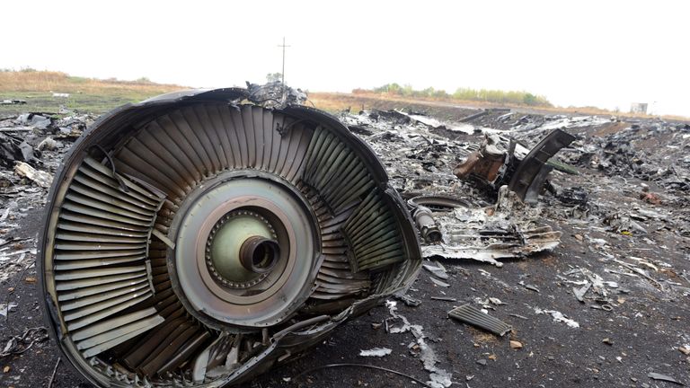 Part of the Malaysia Airlines Flight MH17 at the crash site in the village of Hrabove (Grabovo), some 80km east of Donetsk