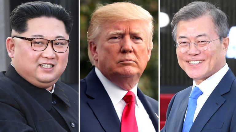 Moon Jae-in, Donald Trump and Kim Jong Un 