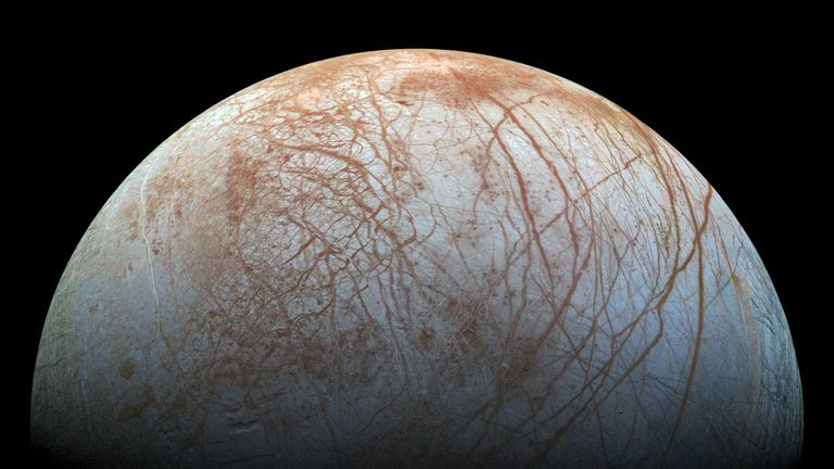 A view of Europa created from images taken by NASA&#39;s Galileo spacecraft in the late 1990s.
Credits: NASA/JPL-Caltech/SETI Institute