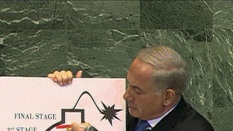Holding up a cartoon-like drawing of a bomb with a fuse, Netanyahu literally drew a red line just below a label reading “final stage” to a bomb, in which Iran was 90 percent along the path of having sufficient weapons-grade material.