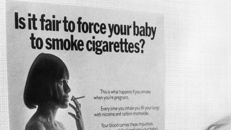 A 1974 Health Education Council poster warning against the dangers of smoking during pregnancy
