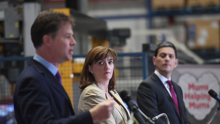 Liberal Democrat former deputy PM Sir Nick Clegg (left), Tory ex-education secretary Nicky Morgan (middle) and Labour former foreign secretary David Miliband (right) spoke together