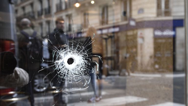 A bullet hole at the site of the attack