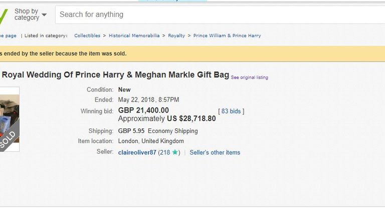 A royal wedding goodie bag has received a winning bid of £21,400