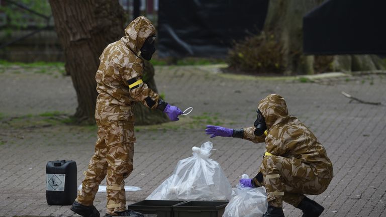 Military personnel at the site near the Maltings in Salisbury where Russian double agent Sergei Skripal and his daughter Yulia were found on a park bench