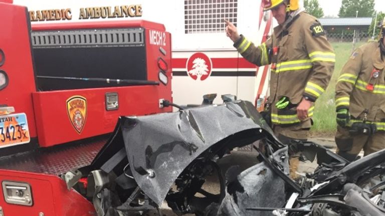 The Tesla Model S crashed into a fire department mechanics truck. Pic: South Jordan Police Department