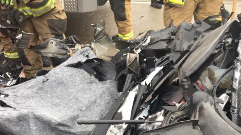 The Tesla&#39;s bonnet was entirely crushed. Pic: South Jordan Police Department