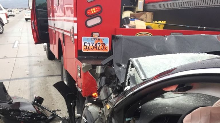 The fire truck was stopped at a red light when the Tesla drove into it at 60mph. Pic: South Jordan Police Department