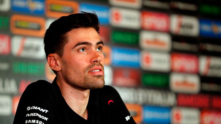 Dutch cyclist Tom Dumoulin of Team Sunweb speaks during a press conference in Jerusalem on May 2, 2018