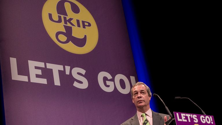 LLANDUDNO, WALES - FEBRUARY 27: Nigel Farage delivers his speech during the UKIP Sping Conference on February 27, 2016 in Llandudno, Wales. UKIP&#39;s annual national Spring Conference is being held for the first time in Wales during the Welsh assembly election campaign. The elections for the National Assembly will take place on May 5 with polls predicting UKIP could win nine seats in the Senedd. (Photo by Richard Stonehouse/Getty Images)
