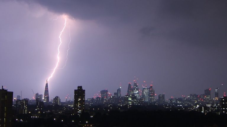 A streak of lightning illuminates London&#39;s Shard. Pic. Matthew Smith