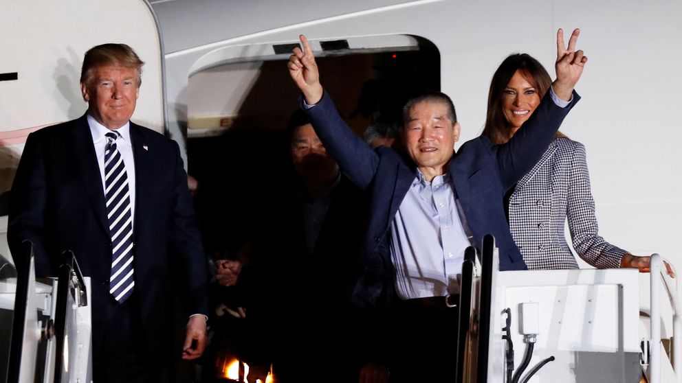 Image result for Trump welcomes freed US prisoners from North Korea