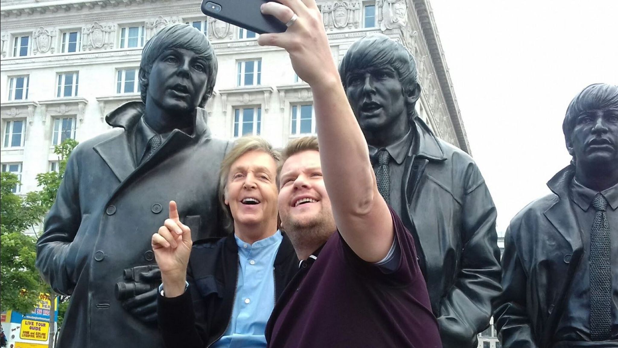 Sir Paul McCartney and James Corden seen driving around Liverpool