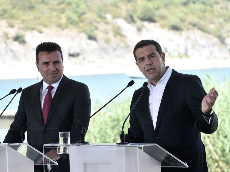 Greek Prime Minister Alexis Tsipras, right, and Macedonian Prime Minister Zoran Zaev at the ceremony