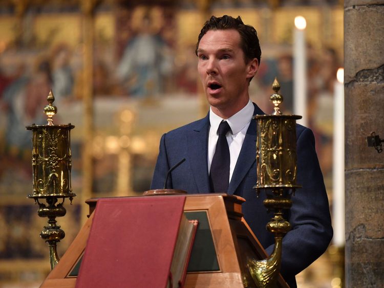 Benedict Cumberbatch gives a reading at the service