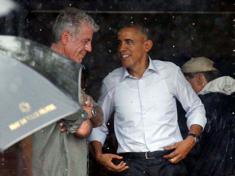 Bourdain with Barack Obama after an interview in Vietnam in May 2016