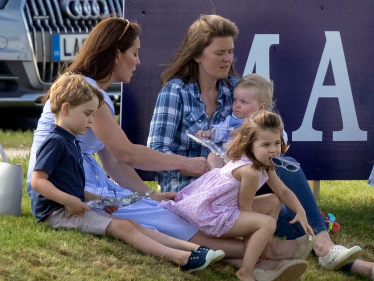 The Duchess of Cambridge (left) with Prince George and Princess Charlotte, as her husband the Duke of Cambridge takes part in the Maserati Royal Charity Polo Trophy at the Beaufort Polo Club, Downfarm House, Westonbirt, Tetbury