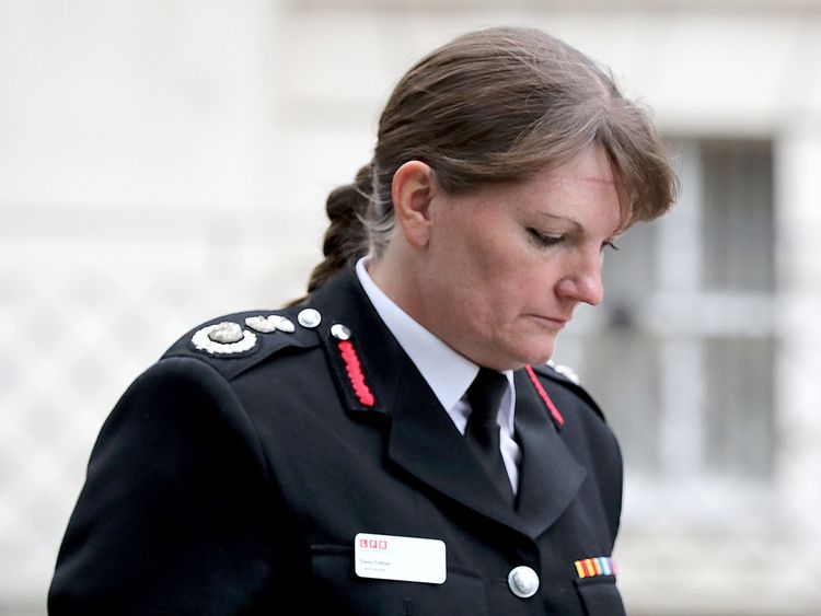 London fire commissioner Dany Cotton marks the one year anniversary of the Grenfell Tower fire with a one minute silence at London Fire Brigade (LFB) HQ in Southwark, London. PRESS ASSOCIATION Photo. Picture date: Thursday June 14, 2018. See PA story MEMORIAL Grenfell. Photo credit should read: Gareth Fuller/PA Wire  
