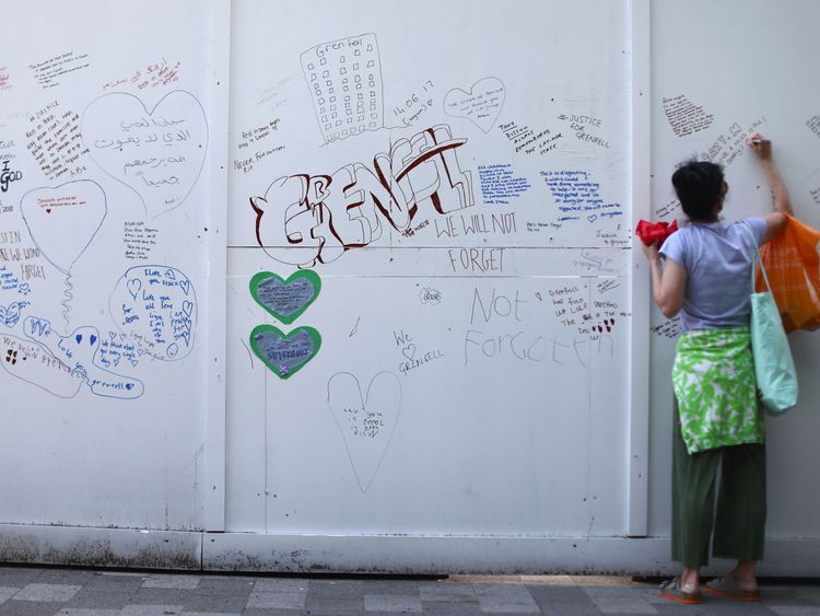 on the one year anniversary of the Grenfell Tower fire on June 14, 2018 in London, England. In one of Britain's worst urban tragedies since World War II, a devastating fire broke out in the 24-storey Grenfell Tower on June 14, 2017 where 72 people died from the blaze in the public housing building of North Kensington area of London.