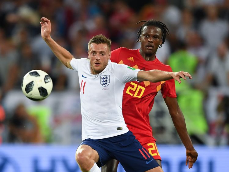 England striker Jamie Vardy vies with Belgium defender Dedryck Boyata