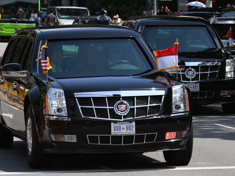 The motorcade transporting US President Donald Trump drives towards the Istana, the official residence of the Singaporean prime minister, for a bilateral programme ahead of the US-North Korea summit in Singapore on June 11, 2018