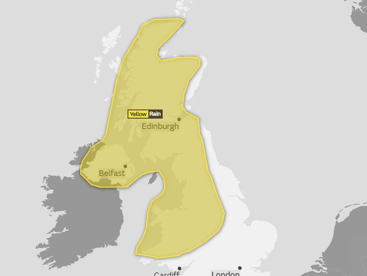 The yellow weather warning, meaning risk of flooding, is covering much of the UK. Pic: Met Office